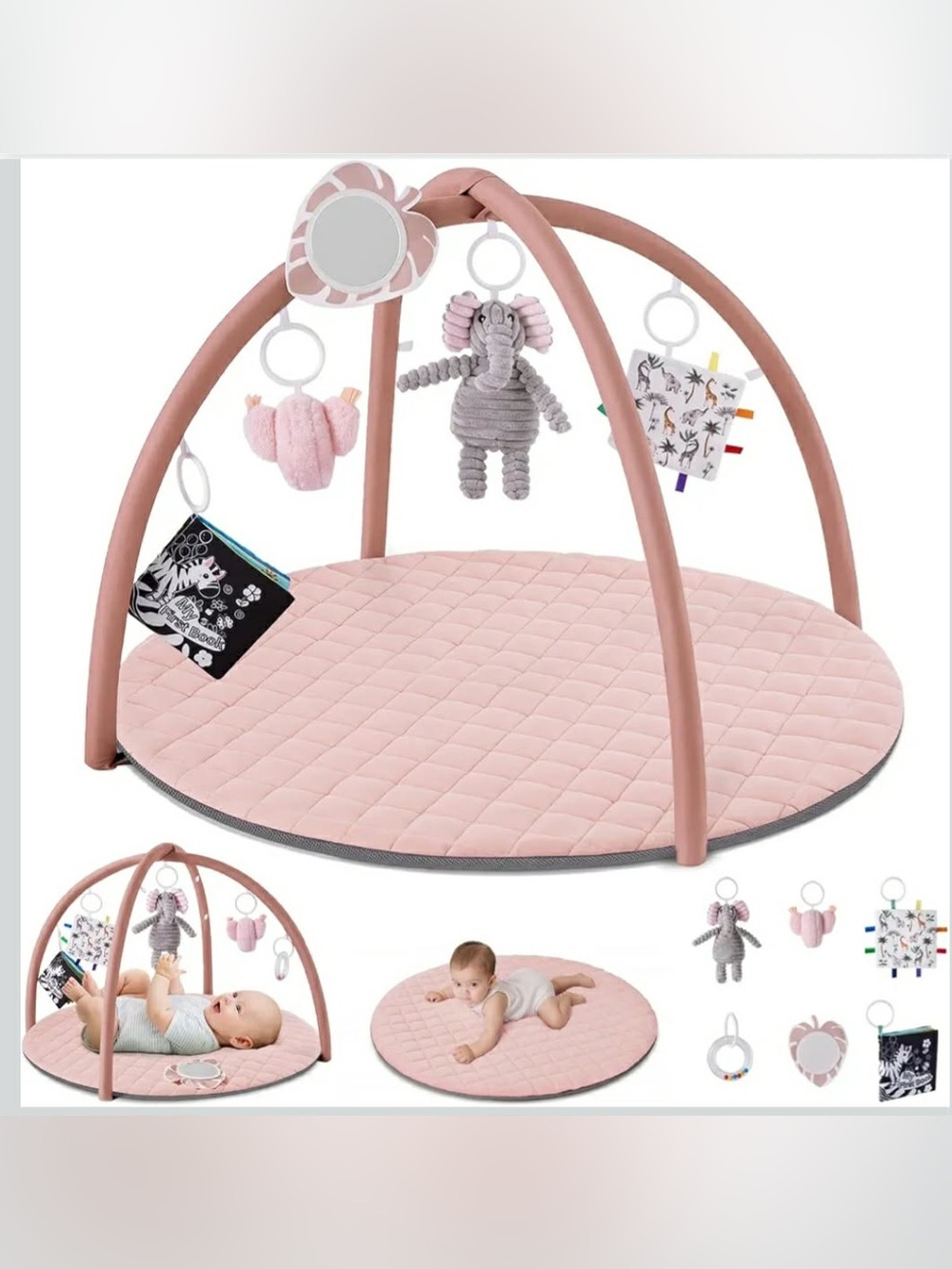 Plush Pink Baby Activity Play Mat with Hanging Elephant and Sensory Toys NIB